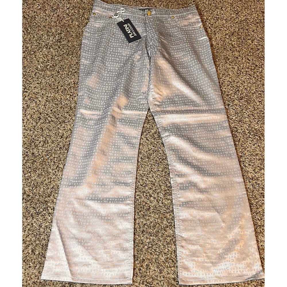 Platini Jeans Cougar Silver Metallic Print Flare Leg Pants Men Size 30‎